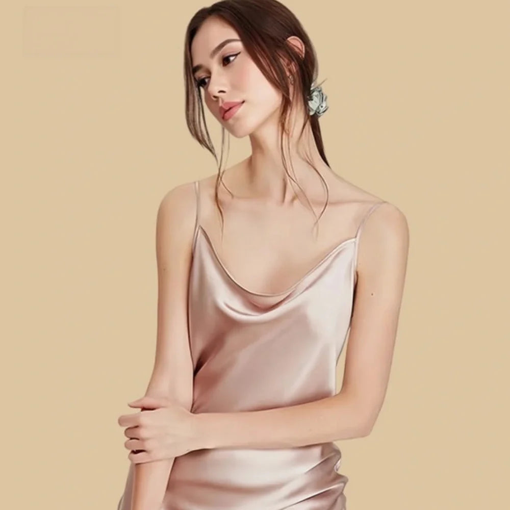 100% Mulberry Silk 19Momme Cowl Neck Spaghetti Strap Short Nightgown
