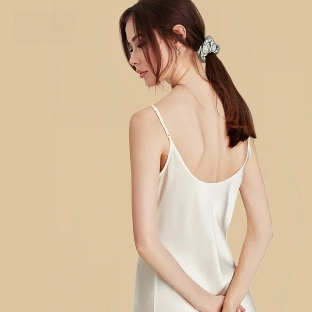 100% Mulberry Silk 19Momme Cowl Neck Spaghetti Strap Short Nightgown