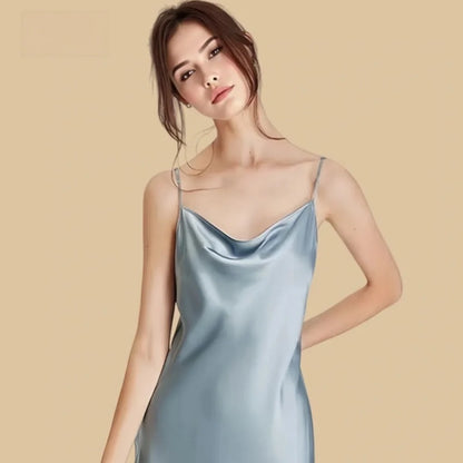 100% Mulberry Silk 19Momme Cowl Neck Spaghetti Strap Short Nightgown