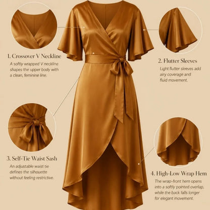 100% Mulberry Silk 19Momme Crossover V-neck Midi Nightgown with Flutter Sleeves and Wrap Hem