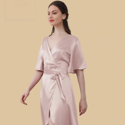 100% Mulberry Silk 19Momme Crossover V-neck Midi Nightgown with Flutter Sleeves and Wrap Hem