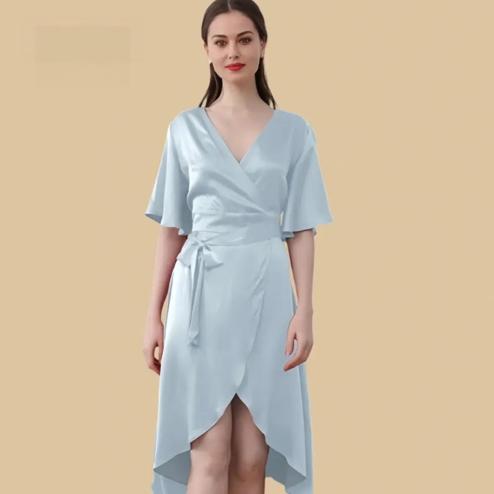 100% Mulberry Silk 19Momme Crossover V-neck Midi Nightgown with Flutter Sleeves and Wrap Hem