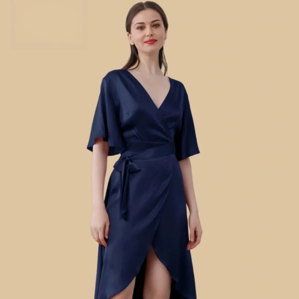 100% Mulberry Silk 19Momme Crossover V-neck Midi Nightgown with Flutter Sleeves and Wrap Hem