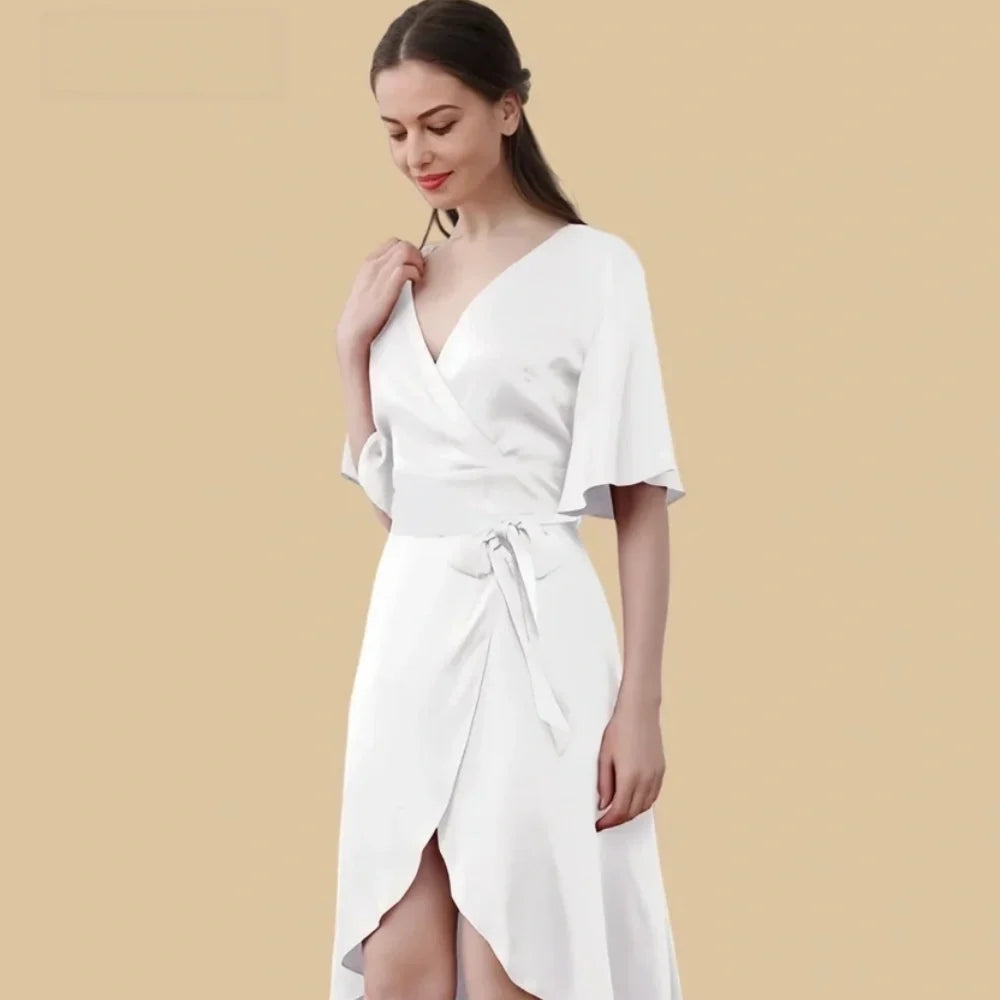 100% Mulberry Silk 19Momme Crossover V-neck Midi Nightgown with Flutter Sleeves and Wrap Hem