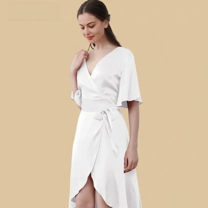 100% Mulberry Silk 19Momme Crossover V-neck Midi Nightgown with Flutter Sleeves and Wrap Hem