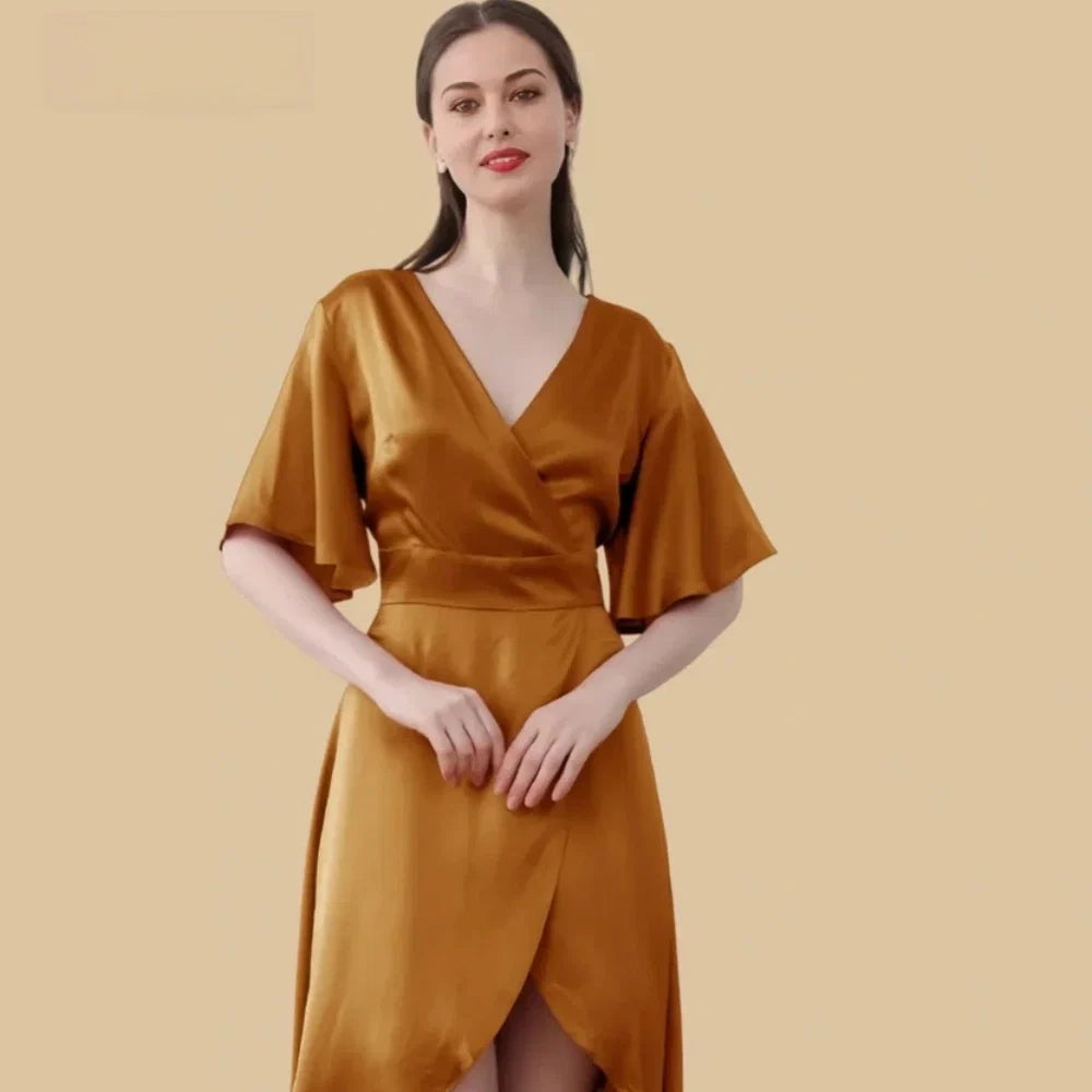 100% Mulberry Silk 19Momme Crossover V-neck Midi Nightgown with Flutter Sleeves and Wrap Hem