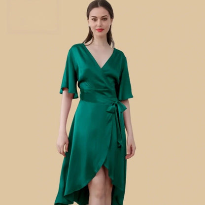 100% Mulberry Silk 19Momme Crossover V-neck Midi Nightgown with Flutter Sleeves and Wrap Hem