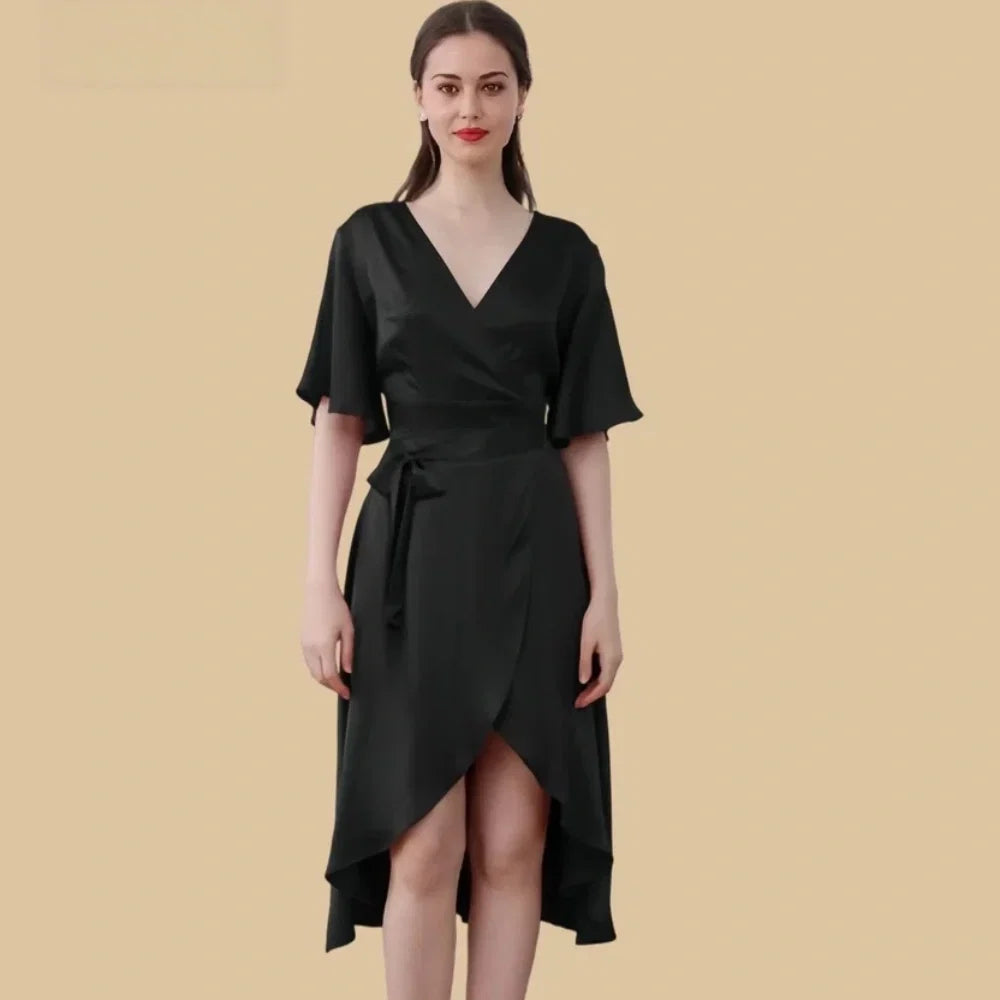 100% Mulberry Silk 19Momme Crossover V-neck Midi Nightgown with Flutter Sleeves and Wrap Hem