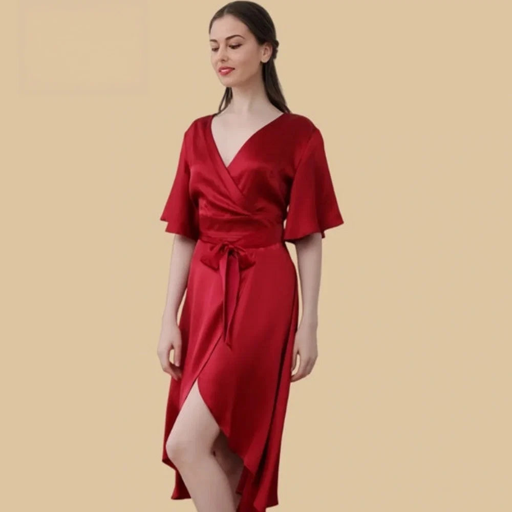 100% Mulberry Silk 19Momme Crossover V-neck Midi Nightgown with Flutter Sleeves and Wrap Hem
