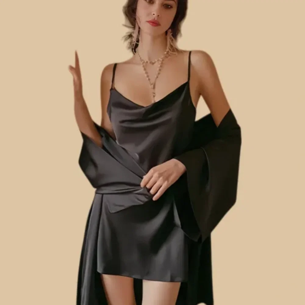 100% Mulberry Silk 19Momme Embroidered Spaghetti Strap Nightgown &amp; Robe Set