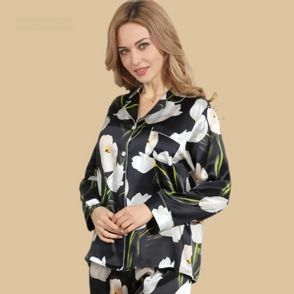 100% Mulberry Silk 19Momme Floral Print Long Sleeve Women&