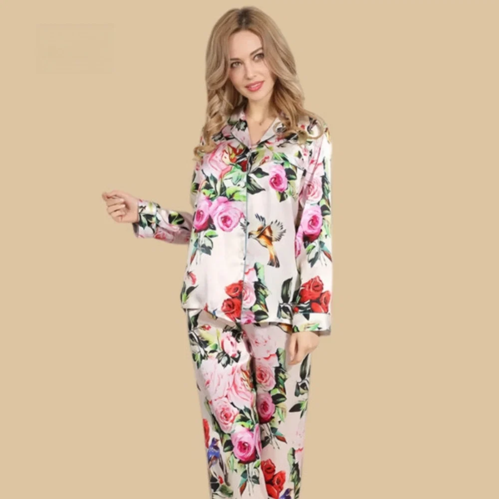 100% Mulberry Silk 19Momme Floral Print Long Sleeve Women&