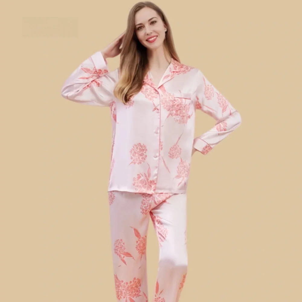 100% Mulberry Silk 19Momme Floral Print Long Sleeve Women&