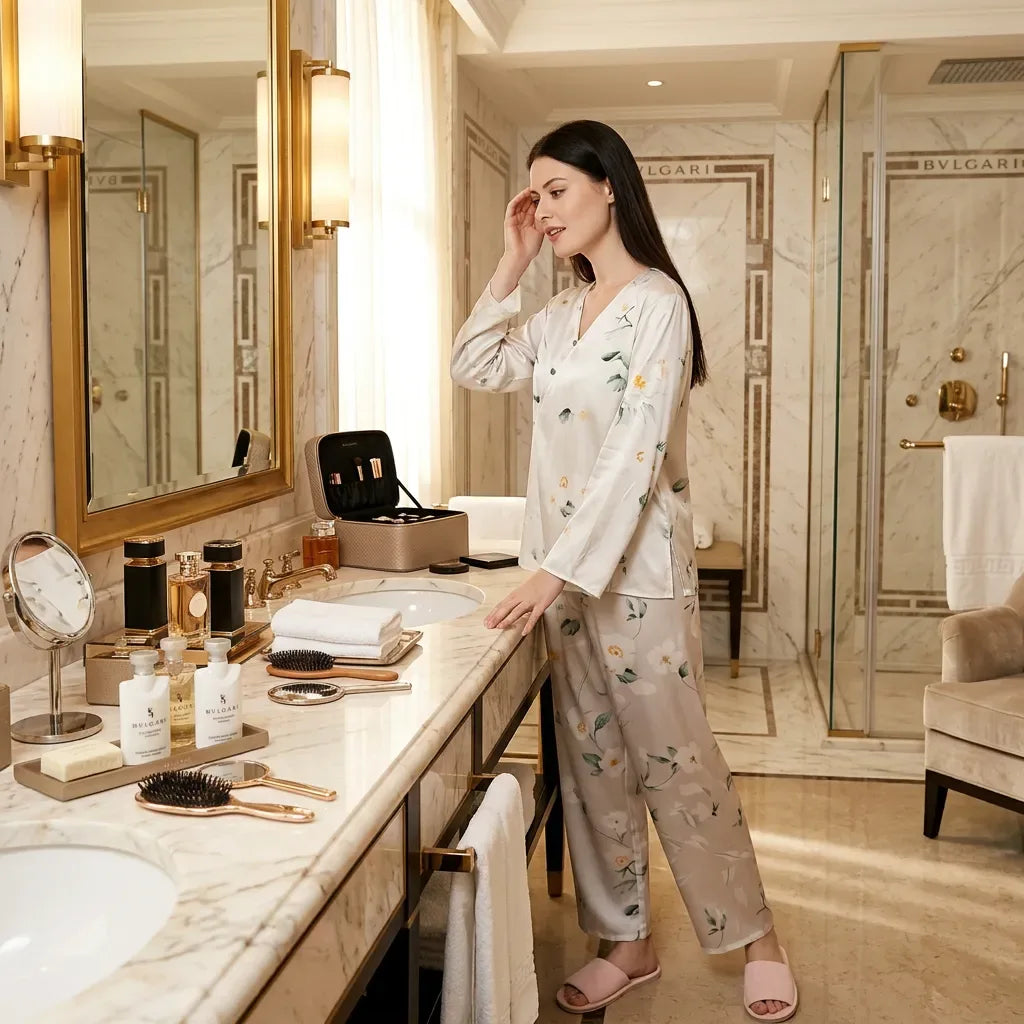 100% Mulberry Silk 19Momme Floral Printed Long Sleeve V-Neck Pullover Pajamas Set