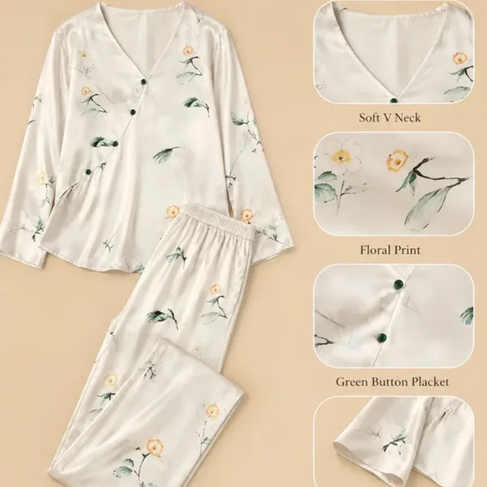 100% Mulberry Silk 19Momme Floral Printed Long Sleeve V-Neck Pullover Pajamas Set