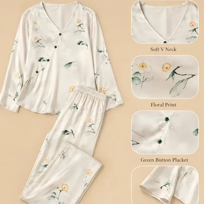 100% Mulberry Silk 19Momme Floral Printed Long Sleeve V-Neck Pullover Pajamas Set