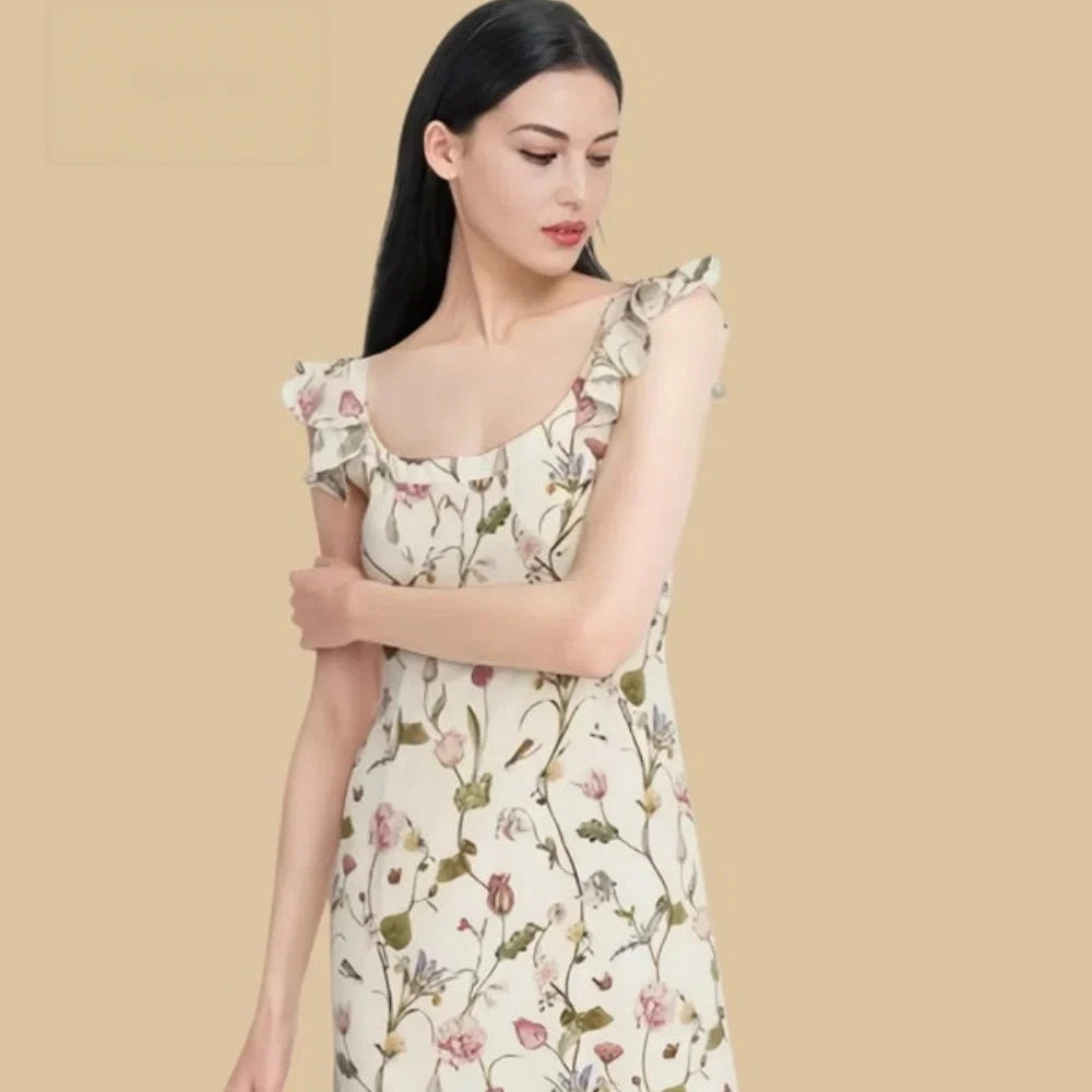 100% Mulberry Silk 19Momme Floral Square Neck Midi Nightgown with Flutter Straps