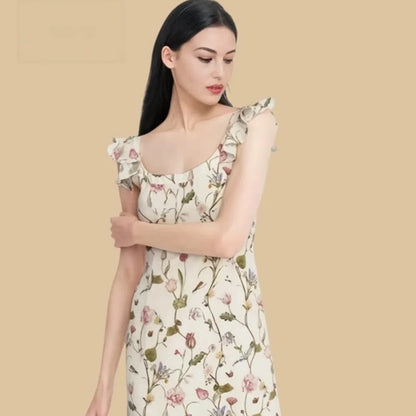 100% Mulberry Silk 19Momme Floral Square Neck Midi Nightgown with Flutter Straps