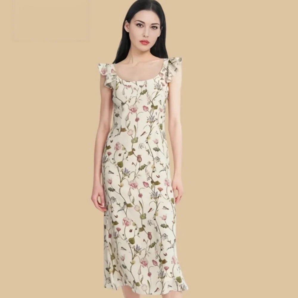 100% Mulberry Silk 19Momme Floral Square Neck Midi Nightgown with Flutter Straps