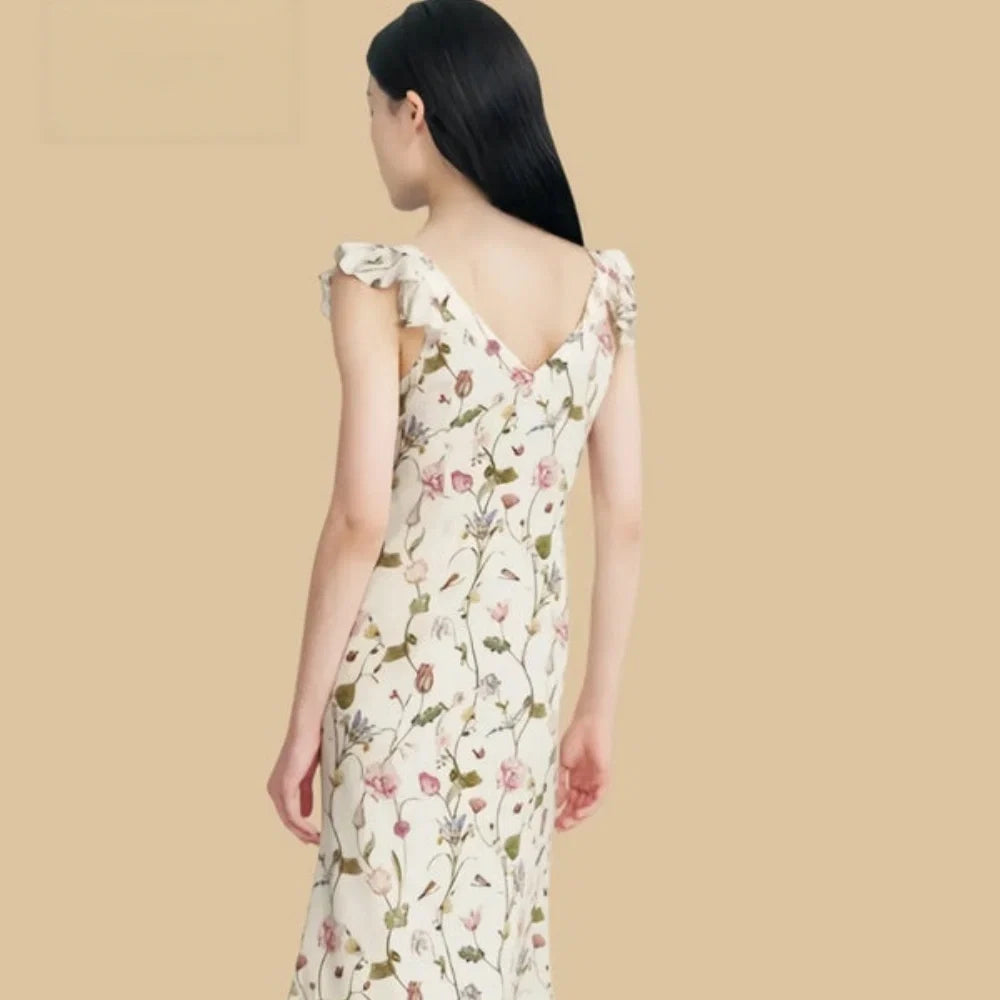 100% Mulberry Silk 19Momme Floral Square Neck Midi Nightgown with Flutter Straps