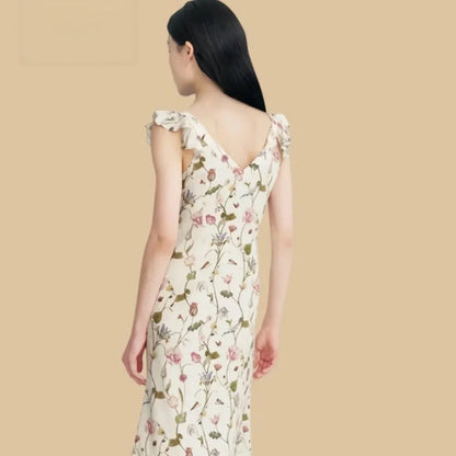 100% Mulberry Silk 19Momme Floral Square Neck Midi Nightgown with Flutter Straps