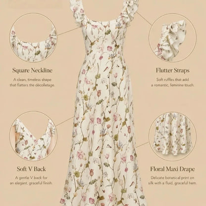 100% Mulberry Silk 19Momme Floral Square Neck Midi Nightgown with Flutter Straps
