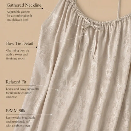 100% Mulberry Silk 19Momme Gathered Neck Spaghetti Strap Nightgown