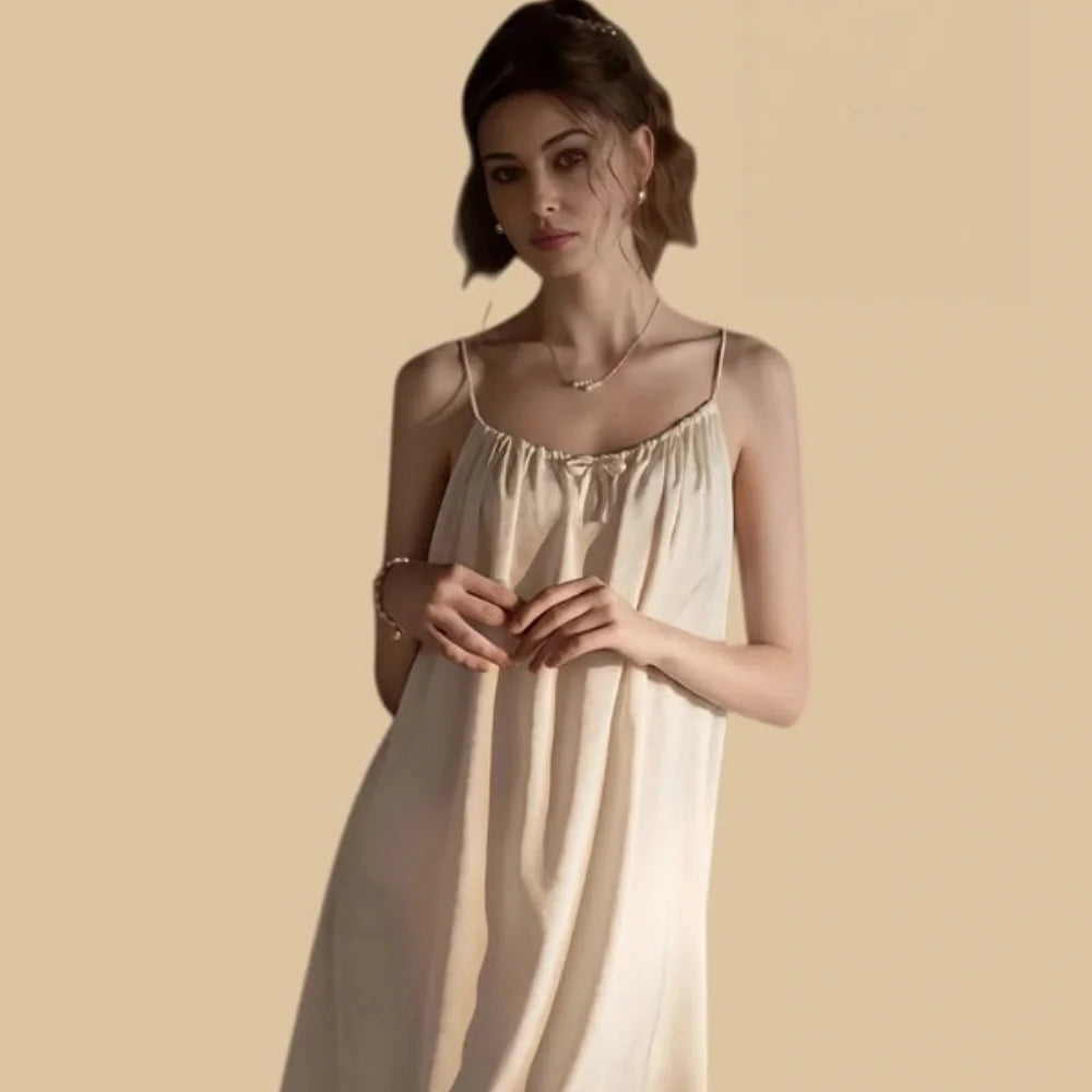 100% Mulberry Silk 19Momme Gathered Neck Spaghetti Strap Nightgown