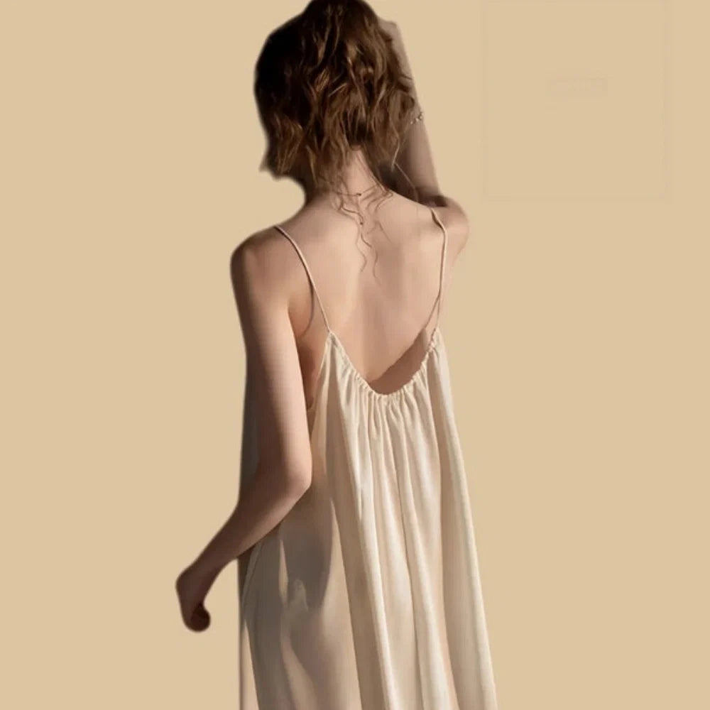100% Mulberry Silk 19Momme Gathered Neck Spaghetti Strap Nightgown