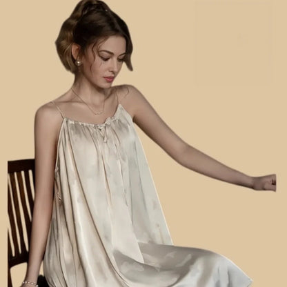 100% Mulberry Silk 19Momme Gathered Neck Spaghetti Strap Nightgown