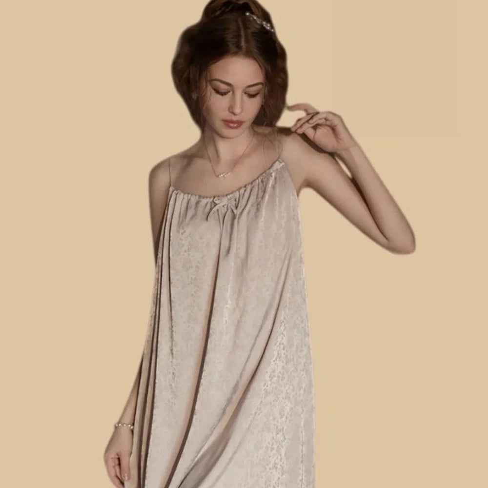 100% Mulberry Silk 19Momme Gathered Neck Spaghetti Strap Nightgown