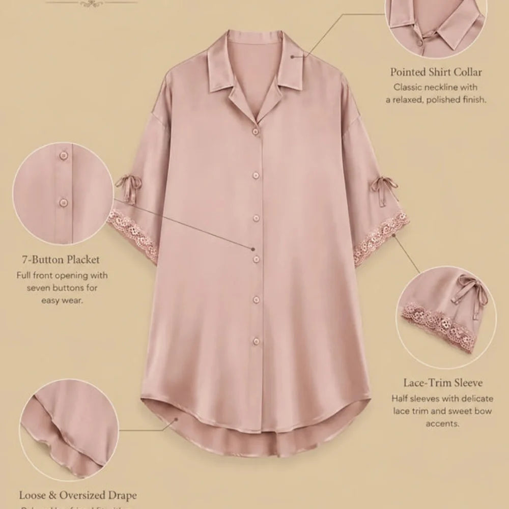 100% Mulberry Silk 19Momme Half Sleeve Button Up Nightshirt with Lace and Bow Design