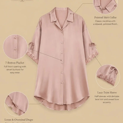 100% Mulberry Silk 19Momme Half Sleeve Button Up Nightshirt with Lace and Bow Design