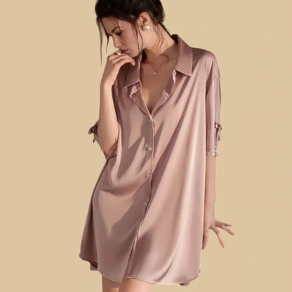 100% Mulberry Silk 19Momme Half Sleeve Button Up Nightshirt with Lace and Bow Design