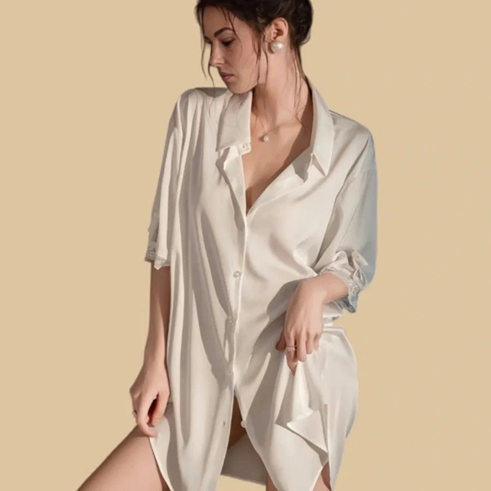 100% Mulberry Silk 19Momme Half Sleeve Button Up Nightshirt with Lace and Bow Design