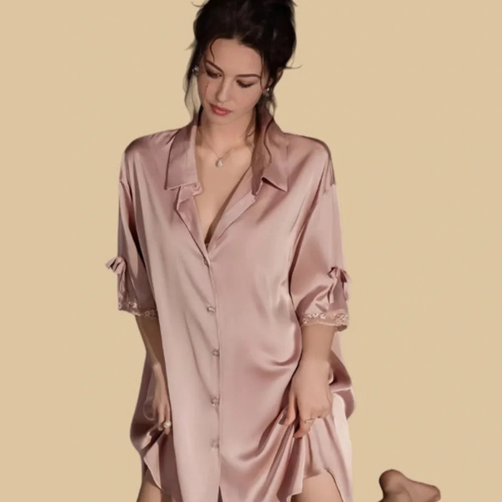 100% Mulberry Silk 19Momme Half Sleeve Button Up Nightshirt with Lace and Bow Design