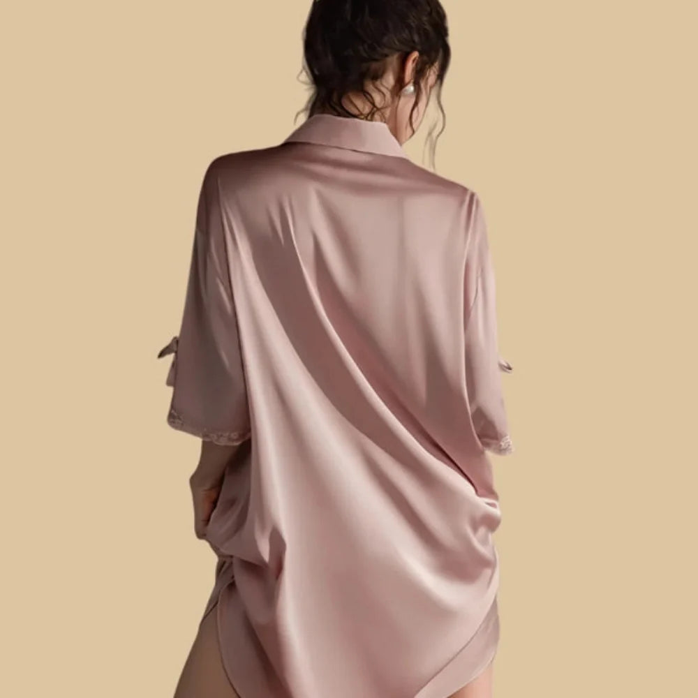100% Mulberry Silk 19Momme Half Sleeve Button Up Nightshirt with Lace and Bow Design