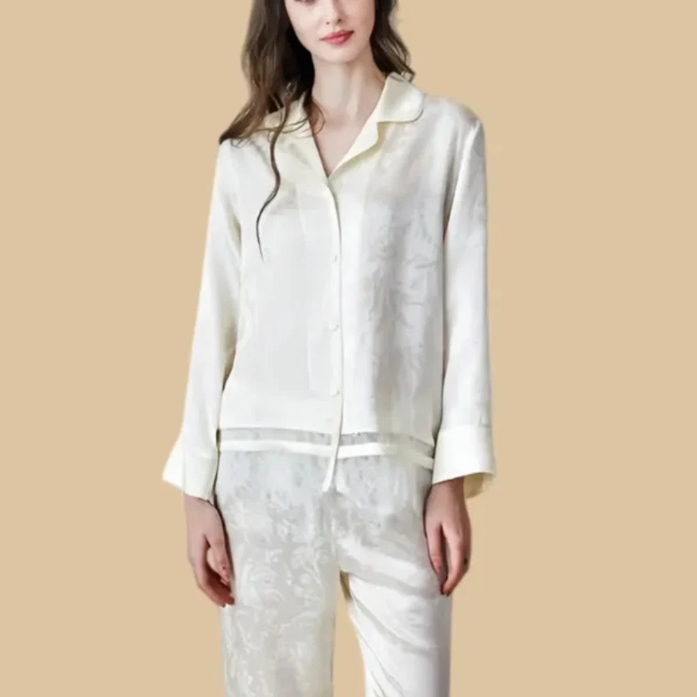 100% Mulberry Silk 19Momme Jacquard Lace Long Sleeve Women&