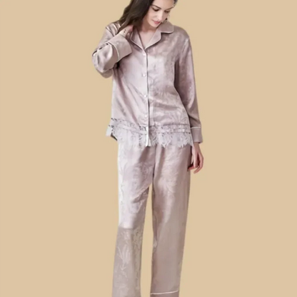 100% Mulberry Silk 19Momme Jacquard Lace Long Sleeve Women&