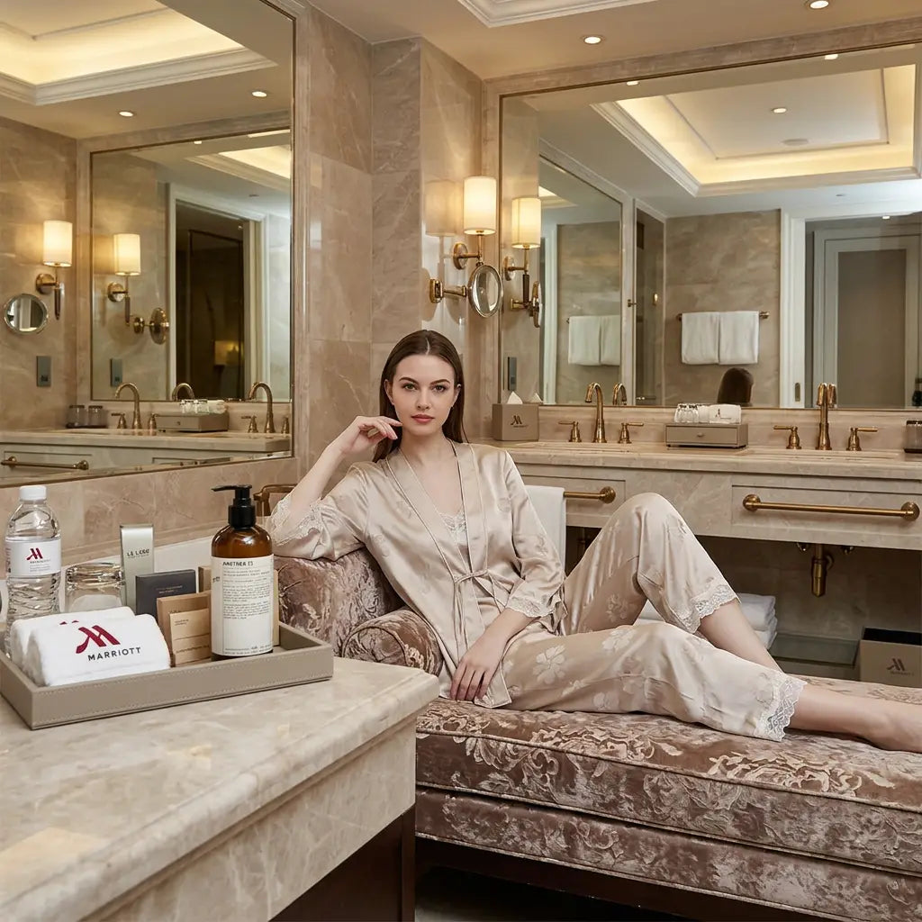 100% Mulberry Silk 19Momme Jacquard Lace V-Neck Camisole Set with Tie-Front Robe