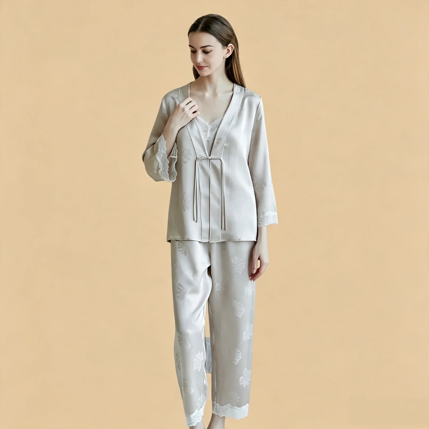 100% Mulberry Silk 19Momme Jacquard Lace V-Neck Camisole Set with Tie-Front Robe