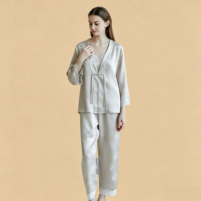 100% Mulberry Silk 19Momme Jacquard Lace V-Neck Camisole Set with Tie-Front Robe