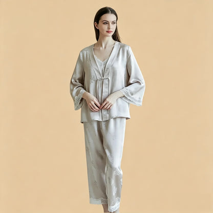 100% Mulberry Silk 19Momme Jacquard Lace V-Neck Camisole Set with Tie-Front Robe