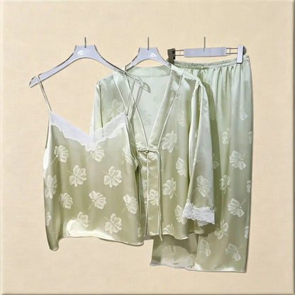 100% Mulberry Silk 19Momme Jacquard Lace V-Neck Camisole Set with Tie-Front Robe