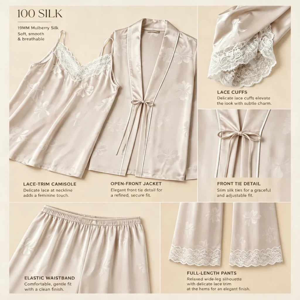100% Mulberry Silk 19Momme Jacquard Lace V-Neck Camisole Set with Tie-Front Robe