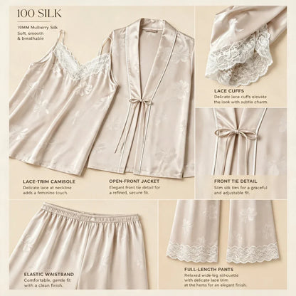 100% Mulberry Silk 19Momme Jacquard Lace V-Neck Camisole Set with Tie-Front Robe