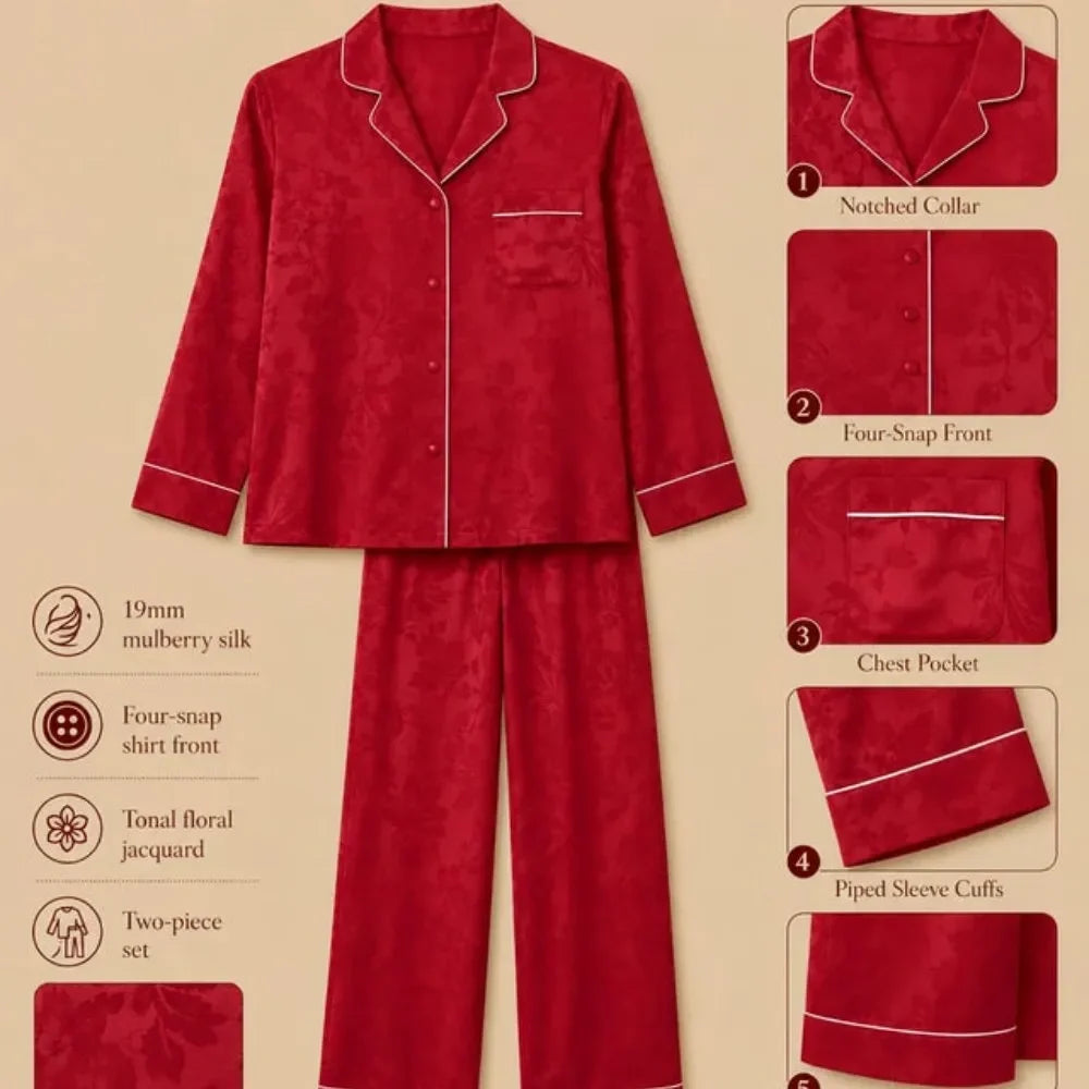 100% Mulberry Silk 19Momme Jacquard Long Sleeve Button Up Women&