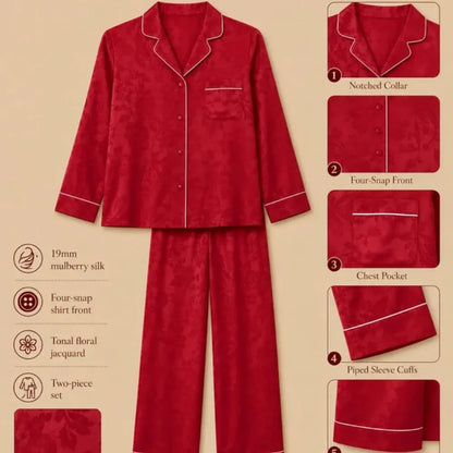 100% Mulberry Silk 19Momme Jacquard Long Sleeve Button Up Women&