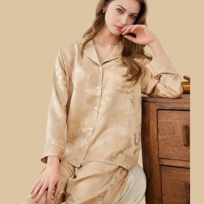 100% Mulberry Silk 19Momme Jacquard Long Sleeve Button Up Women&