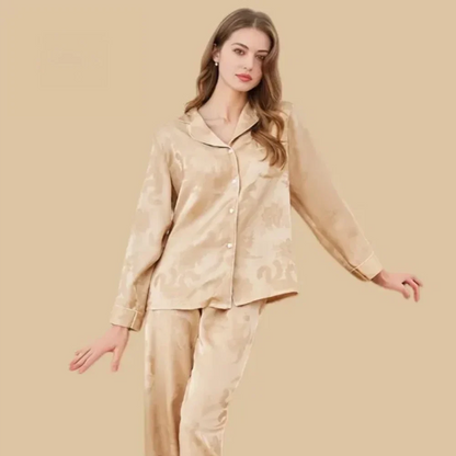 100% Mulberry Silk 19Momme Jacquard Long Sleeve Button Up Women&